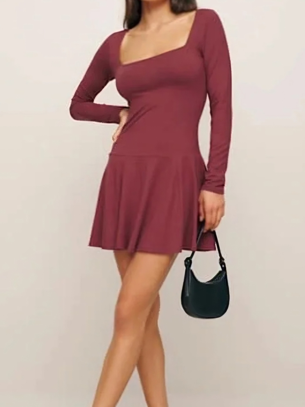 Reformation Brick Red Long Sleeve Square Neck Mini Dress